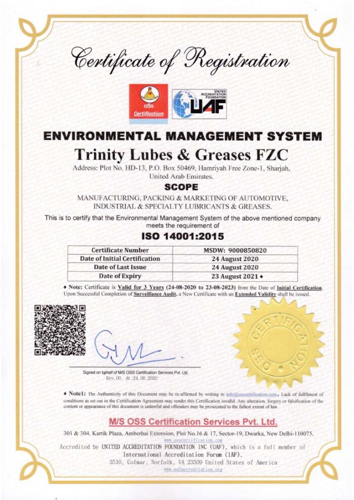 Certifications Grease Manufacturing Company in India Trinity Lubes